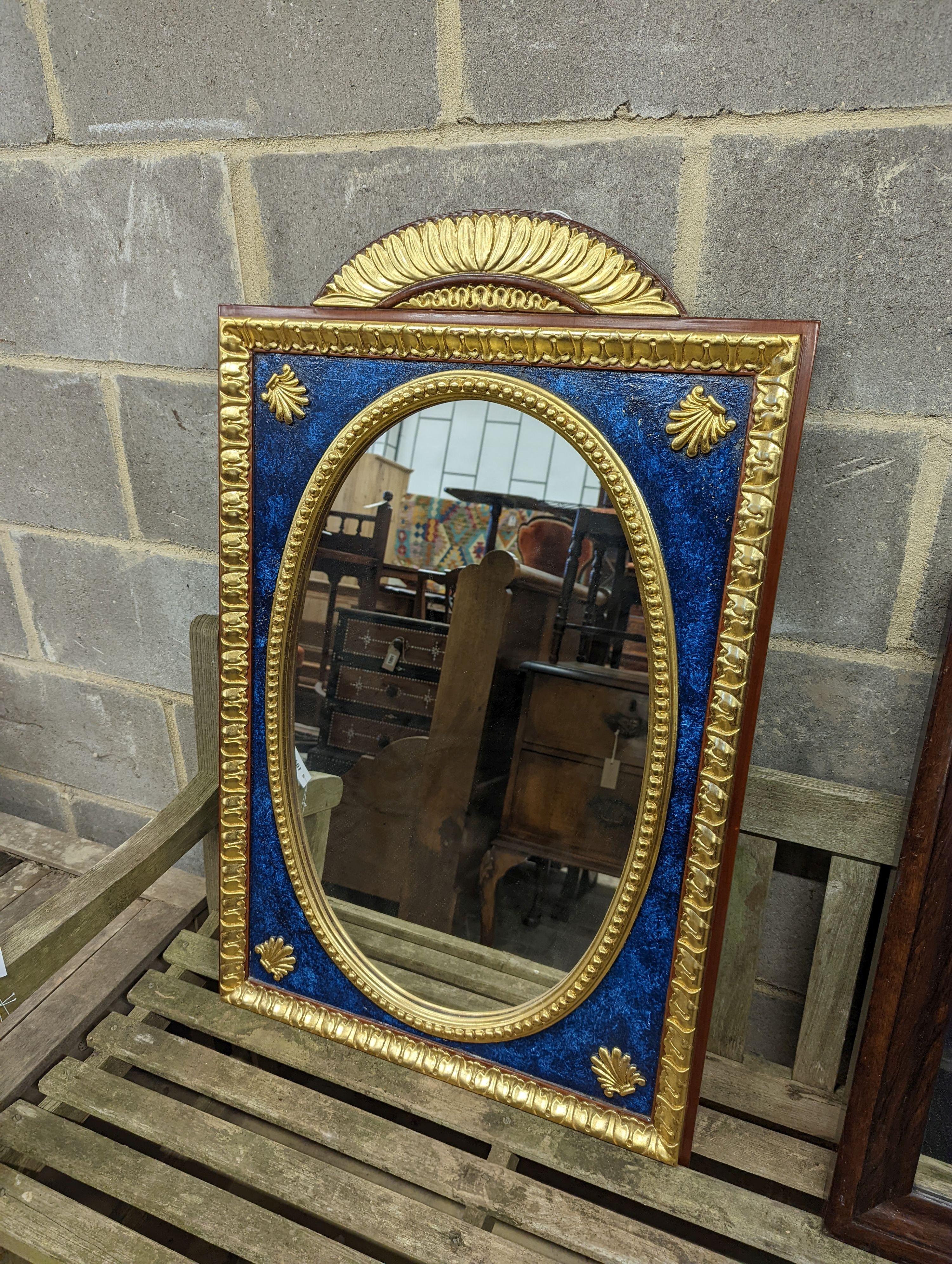 An Empire style painted gilt and faux malachite rectangular wall mirror, width 60cm, height 92cm